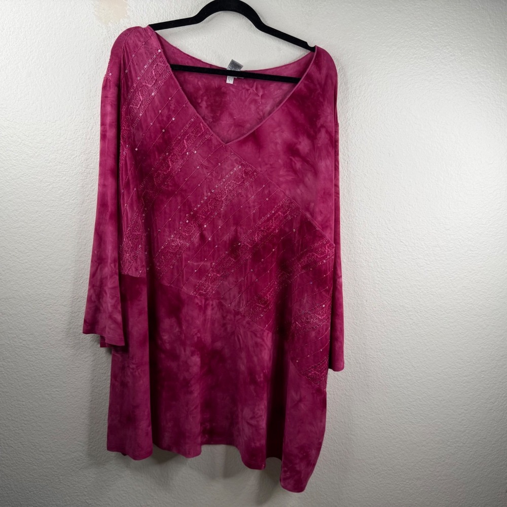Catherines Women's Top Pink Sz 5X Tunic Embroidered Sequins Boho Fairy